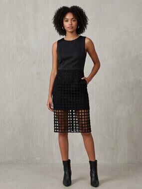 JOA Los Angeles Black Caged Overlay Midi Dress Sleeveless Mesh Grid Cutout Sz M